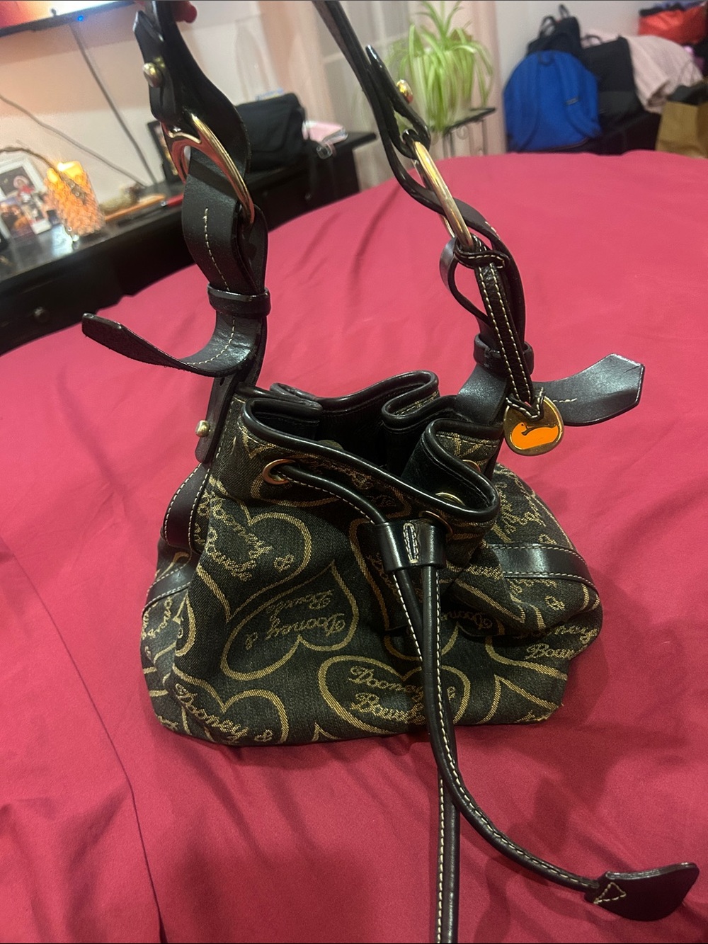 Dooney & Bourke Black and Brown Heart-Print Drawstring Shoulder Bag